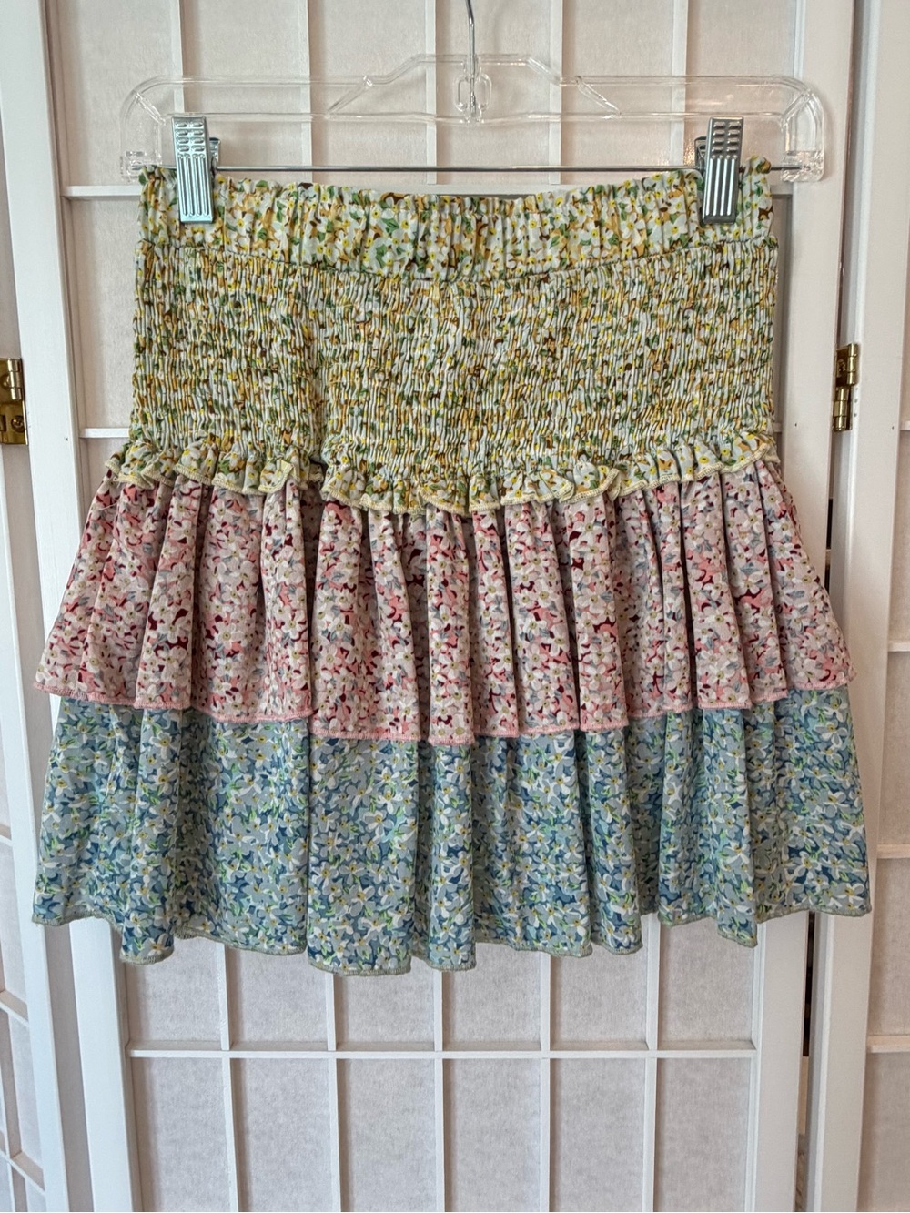 SHEIN Floral Tiered Smocked Mini Skirt in Green, Pink & Blue
